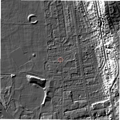 Shaded relief map of the ground around DE216AL, computed from Environment Agency LiDAR. The ground here sits at about 46 m above sea level and falls 30 m across the surrounding 800 m. Surface water reaching this point runs off ground lying to the north, 2.2 m higher.