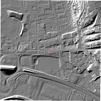 Shaded relief map of the ground around DE216AN, computed from Environment Agency LiDAR. The ground here sits at about 46 m above sea level and falls 23 m across the surrounding 800 m. Surface water reaching this point runs off ground lying to the east, 18.0 m higher.