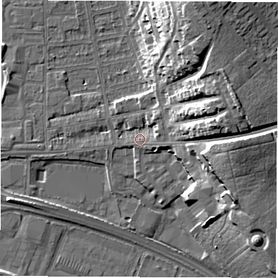 Shaded relief map of the ground around DE216AP, computed from Environment Agency LiDAR. The ground here sits at about 47 m above sea level and falls 22 m across the surrounding 800 m. Surface water reaching this point runs off ground lying to the east-north-east, 18.9 m higher.