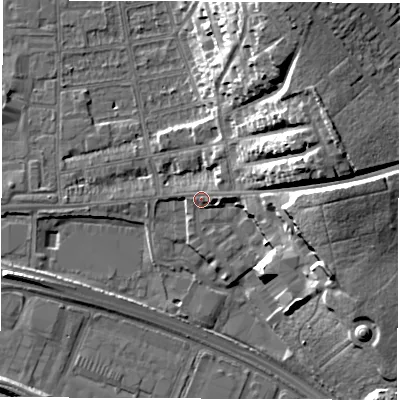 Shaded relief map of the ground around DE216AQ, computed from Environment Agency LiDAR. The ground here sits at about 48 m above sea level and falls 22 m across the surrounding 800 m. Surface water reaching this point runs off ground lying to the east-north-east, 17.4 m higher.