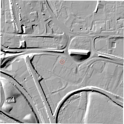 Shaded relief map of the ground around DE216AR, computed from Environment Agency LiDAR. The ground here sits at about 45 m above sea level and falls 14 m across the surrounding 800 m. The ground contributing surface water to this point lies to the south-west.