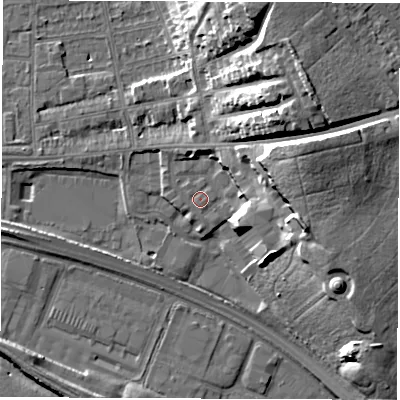 Shaded relief map of the ground around DE216AS, computed from Environment Agency LiDAR. The ground here sits at about 47 m above sea level and falls 23 m across the surrounding 800 m. Surface water reaching this point runs off ground lying to the east-north-east, 18.2 m higher.