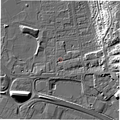 Shaded relief map of the ground around DE216AT, computed from Environment Agency LiDAR. The ground here sits at about 46 m above sea level and falls 23 m across the surrounding 800 m. Surface water reaching this point runs off ground lying to the east-south-east, 1.5 m higher.