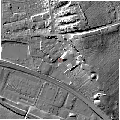 Shaded relief map of the ground around DE216AW, computed from Environment Agency LiDAR. The ground here sits at about 46 m above sea level and falls 23 m across the surrounding 800 m. Surface water reaching this point runs off ground lying to the north-east, 19.0 m higher.