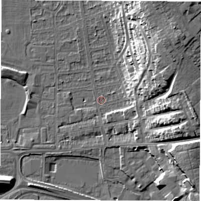 Shaded relief map of the ground around DE216AX, computed from Environment Agency LiDAR. The ground here sits at about 45 m above sea level and falls 23 m across the surrounding 800 m. Surface water reaching this point runs off ground lying to the east-north-east, 20.3 m higher.