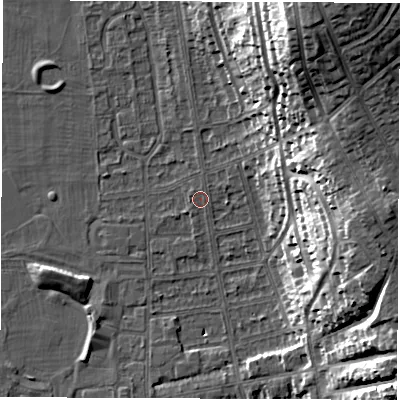 Shaded relief map of the ground around DE216AY, computed from Environment Agency LiDAR. The ground here sits at about 46 m above sea level and falls 30 m across the surrounding 800 m. Surface water reaching this point runs off ground lying to the north-north-east, 27.7 m higher.