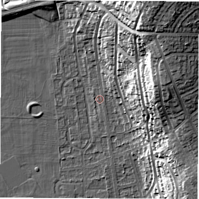 Shaded relief map of the ground around DE216BA, computed from Environment Agency LiDAR. The ground here sits at about 47 m above sea level and falls 35 m across the surrounding 800 m. Surface water reaching this point runs off ground lying to the north-east, 27.8 m higher.