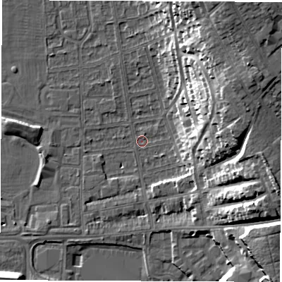 Shaded relief map of the ground around DE216BD, computed from Environment Agency LiDAR. The ground here sits at about 45 m above sea level and falls 25 m across the surrounding 800 m. Surface water reaching this point runs off ground lying to the east-north-east, 21.2 m higher.