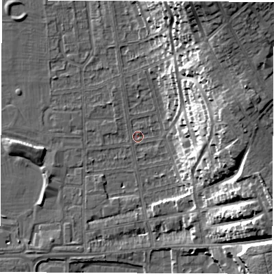 Shaded relief map of the ground around DE216BE, computed from Environment Agency LiDAR. The ground here sits at about 45 m above sea level and falls 28 m across the surrounding 800 m. Surface water reaching this point runs off ground lying to the north-north-east, 26.3 m higher.