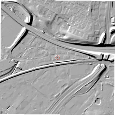 Shaded relief map of the ground around DE216BF, computed from Environment Agency LiDAR. The ground here sits at about 43 m above sea level and falls 18 m across the surrounding 800 m. Surface water reaching this point runs off ground lying to the east, 6.9 m higher.