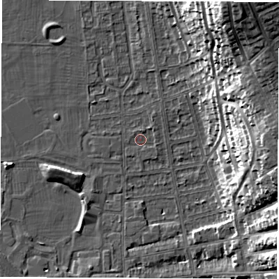 Shaded relief map of the ground around DE216BG, computed from Environment Agency LiDAR. The ground here sits at about 46 m above sea level and falls 30 m across the surrounding 800 m. Surface water reaching this point runs off ground lying to the north-east, 1.0 m higher.