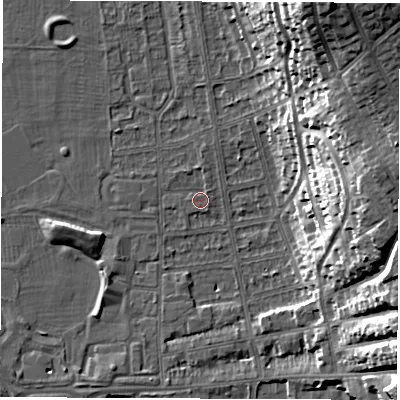 Shaded relief map of the ground around DE216BH, computed from Environment Agency LiDAR. The ground here sits at about 46 m above sea level and falls 30 m across the surrounding 800 m. Surface water reaching this point runs off ground lying to the north, 1.0 m higher.
