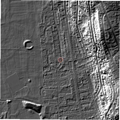 Shaded relief map of the ground around DE216BJ, computed from Environment Agency LiDAR. The ground here sits at about 46 m above sea level and falls 31 m across the surrounding 800 m. Surface water reaching this point runs off ground lying to the north-north-east, 23.1 m higher.