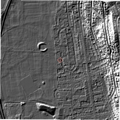 Shaded relief map of the ground around DE216BL, computed from Environment Agency LiDAR. The ground here sits at about 46 m above sea level and falls 32 m across the surrounding 800 m. Surface water reaching this point runs off ground lying to the north, 1.6 m higher.