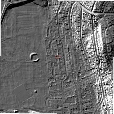 Shaded relief map of the ground around DE216BN, computed from Environment Agency LiDAR. The ground here sits at about 46 m above sea level and falls 35 m across the surrounding 800 m. Surface water reaching this point runs off ground lying to the north-north-west, 1.3 m higher.
