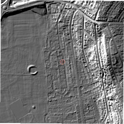 Shaded relief map of the ground around DE216BU, computed from Environment Agency LiDAR. The ground here sits at about 47 m above sea level and falls 36 m across the surrounding 800 m. Surface water reaching this point runs off ground lying to the north-east, 35.1 m higher.