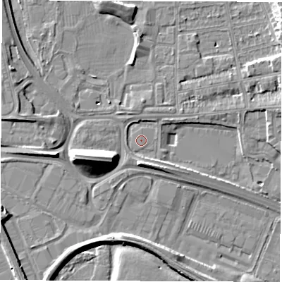 Shaded relief map of the ground around DE216BW, computed from Environment Agency LiDAR. The ground here sits at about 45 m above sea level and falls 11 m across the surrounding 800 m. Surface water reaching this point runs off ground lying to the north-east, 2.9 m higher.