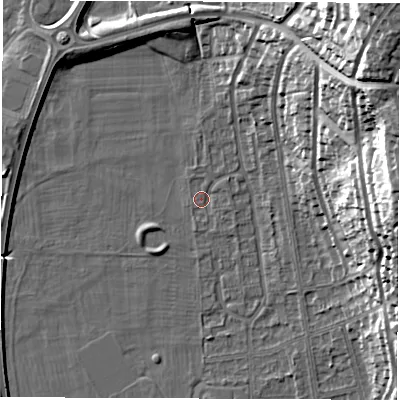 Shaded relief map of the ground around DE216BX, computed from Environment Agency LiDAR. The ground here sits at about 47 m above sea level and falls 36 m across the surrounding 800 m. Surface water reaching this point runs off ground lying to the south, 0.7 m higher.