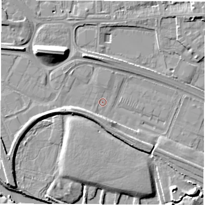 Shaded relief map of the ground around DE216BZ, computed from Environment Agency LiDAR. The ground here sits at about 44 m above sea level and falls 12 m across the surrounding 800 m. Surface water reaching this point runs off ground lying to the north-west, 9.5 m higher.