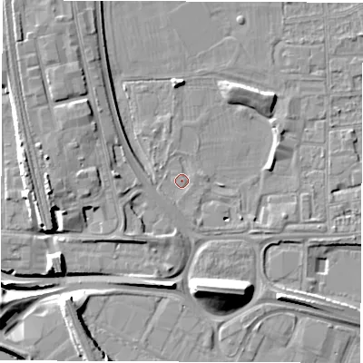 Shaded relief map of the ground around DE216DA, computed from Environment Agency LiDAR. The ground here sits at about 46 m above sea level and falls 14 m across the surrounding 800 m. Surface water reaching this point runs off ground lying to the south-south-east, 1.1 m higher.