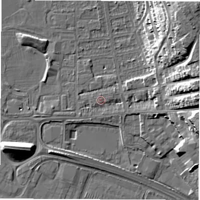 Shaded relief map of the ground around DE216DB, computed from Environment Agency LiDAR. The ground here sits at about 46 m above sea level and falls 23 m across the surrounding 800 m. Surface water reaching this point runs off ground lying to the east, 18.0 m higher.