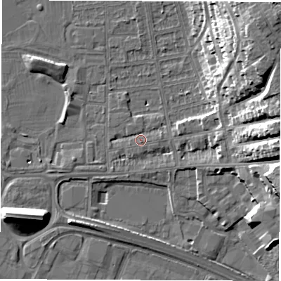 Shaded relief map of the ground around DE216DD, computed from Environment Agency LiDAR. The ground here sits at about 46 m above sea level and falls 24 m across the surrounding 800 m. Surface water reaching this point runs off ground lying to the south-south-east, 1.5 m higher.