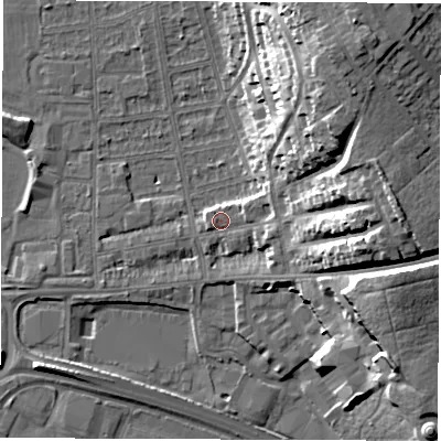 Shaded relief map of the ground around DE216DE, computed from Environment Agency LiDAR. The ground here sits at about 47 m above sea level and falls 23 m across the surrounding 800 m. Surface water reaching this point runs off ground lying to the north-east, 18.7 m higher.
