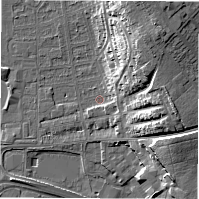 Shaded relief map of the ground around DE216DR, computed from Environment Agency LiDAR. The ground here sits at about 46 m above sea level and falls 23 m across the surrounding 800 m. Surface water reaching this point runs off ground lying to the north-east, 20.0 m higher.