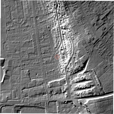 Shaded relief map of the ground around DE216DS, computed from Environment Agency LiDAR. The ground here sits at about 46 m above sea level and falls 26 m across the surrounding 800 m. Surface water reaching this point runs off ground lying to the east-north-east, 19.7 m higher.