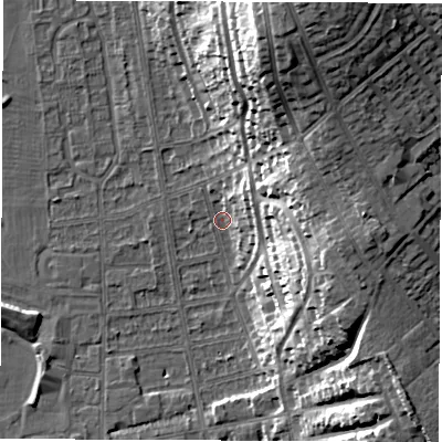 Shaded relief map of the ground around DE216DT, computed from Environment Agency LiDAR. The ground here sits at about 47 m above sea level and falls 30 m across the surrounding 800 m. Surface water reaching this point runs off ground lying to the north-north-east, 27.9 m higher.