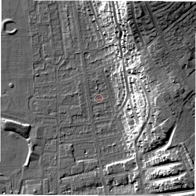 Shaded relief map of the ground around DE216DU, computed from Environment Agency LiDAR. The ground here sits at about 46 m above sea level and falls 31 m across the surrounding 800 m. Surface water reaching this point runs off ground lying to the north-north-east, 27.3 m higher.