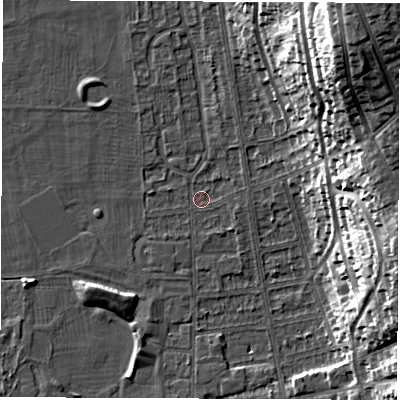 Shaded relief map of the ground around DE216DW, computed from Environment Agency LiDAR. The ground here sits at about 46 m above sea level and falls 30 m across the surrounding 800 m. Surface water reaching this point runs off ground lying to the north-north-east, 8.4 m higher.