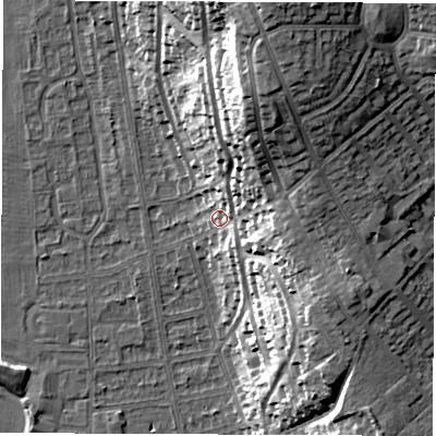 Shaded relief map of the ground around DE216DX, computed from Environment Agency LiDAR. The ground here sits at about 51 m above sea level and falls 32 m across the surrounding 800 m. Surface water reaching this point runs off ground lying to the north-north-east, 27.0 m higher.