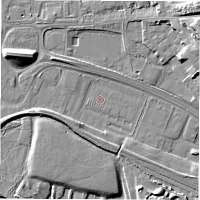 Shaded relief map of the ground around DE216EL, computed from Environment Agency LiDAR. The ground here sits at about 44 m above sea level and falls 22 m across the surrounding 800 m. The ground contributing surface water to this point lies to the south.