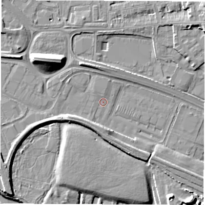 Shaded relief map of the ground around DE216EN, computed from Environment Agency LiDAR. The ground here sits at about 44 m above sea level and falls 12 m across the surrounding 800 m. Surface water reaching this point runs off ground lying to the north-west, 9.5 m higher.