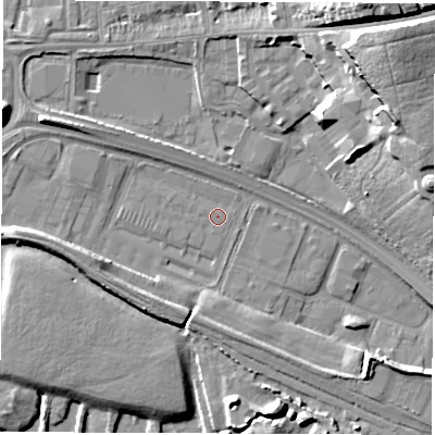 Shaded relief map of the ground around DE216EP, computed from Environment Agency LiDAR. The ground here sits at about 44 m above sea level and falls 23 m across the surrounding 800 m. The ground contributing surface water to this point lies to the west.