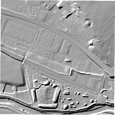 Shaded relief map of the ground around DE216HA, computed from Environment Agency LiDAR. The ground here sits at about 43 m above sea level and falls 21 m across the surrounding 800 m. Surface water reaching this point runs off ground lying to the east-south-east, 10.4 m higher.