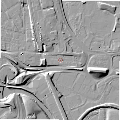 Shaded relief map of the ground around DE216HB, computed from Environment Agency LiDAR. The ground here sits at about 46 m above sea level and falls 14 m across the surrounding 800 m. Surface water reaching this point runs off ground lying to the north-east, 2.7 m higher.