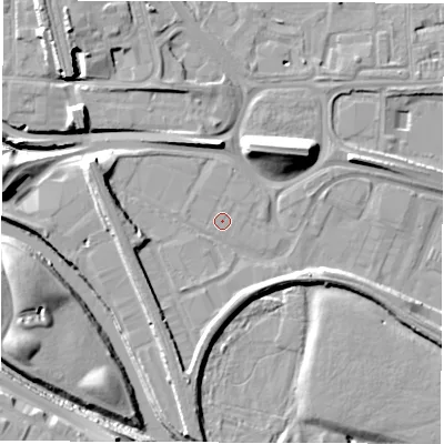 Shaded relief map of the ground around DE216JL, computed from Environment Agency LiDAR. The ground here sits at about 45 m above sea level and falls 14 m across the surrounding 800 m. The ground contributing surface water to this point lies to the west.