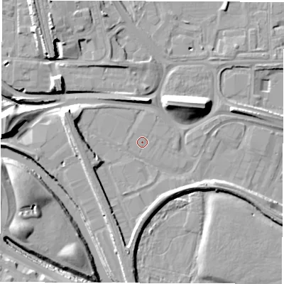 Shaded relief map of the ground around DE216JN, computed from Environment Agency LiDAR. The ground here sits at about 45 m above sea level and falls 14 m across the surrounding 800 m. The ground contributing surface water to this point lies to the west-south-west.
