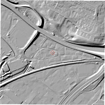 Shaded relief map of the ground around DE216LY, computed from Environment Agency LiDAR. The ground here sits at about 43 m above sea level and falls 17 m across the surrounding 800 m. Surface water reaching this point runs off ground lying to the east, 2.8 m higher.