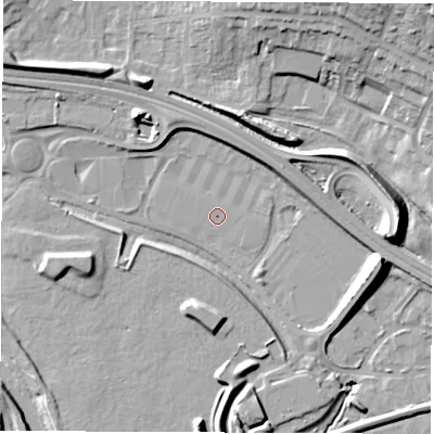 Shaded relief map of the ground around DE216NZ, computed from Environment Agency LiDAR. The ground here sits at about 43 m above sea level and falls 23 m across the surrounding 800 m. Surface water reaching this point runs off ground lying to the south-west, 4.5 m higher.