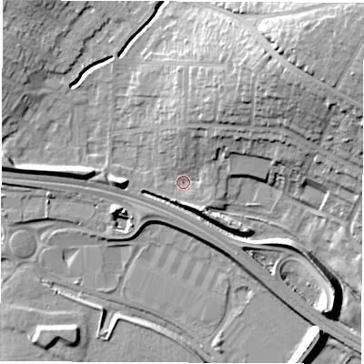 Shaded relief map of the ground around DE216PA, computed from Environment Agency LiDAR. The ground here sits at about 46 m above sea level and falls 25 m across the surrounding 800 m. Surface water reaching this point runs off ground lying to the north-east, 13.0 m higher.