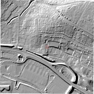 Shaded relief map of the ground around DE216PB, computed from Environment Agency LiDAR. The ground here sits at about 47 m above sea level and falls 27 m across the surrounding 800 m. Surface water reaching this point runs off ground lying to the north-north-east, 16.9 m higher.