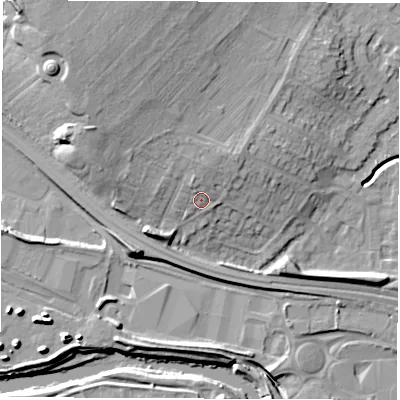 Shaded relief map of the ground around DE216PJ, computed from Environment Agency LiDAR. The ground here sits at about 51 m above sea level and falls 21 m across the surrounding 800 m. Surface water reaching this point runs off ground lying to the north-west, 9.4 m higher.