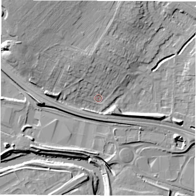 Shaded relief map of the ground around DE216PQ, computed from Environment Agency LiDAR. The ground here sits at about 47 m above sea level and falls 20 m across the surrounding 800 m. Surface water reaching this point runs off ground lying to the north, 7.4 m higher.