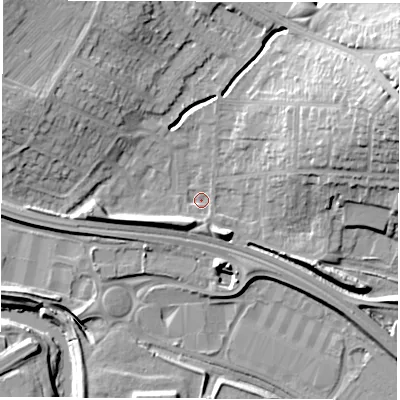 Shaded relief map of the ground around DE216PT, computed from Environment Agency LiDAR. The ground here sits at about 45 m above sea level and falls 23 m across the surrounding 800 m. Surface water reaching this point runs off ground lying to the west-south-west, 5.1 m higher.