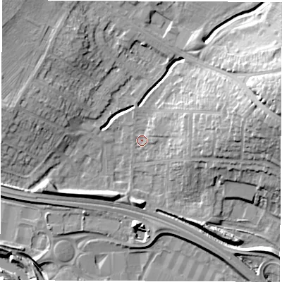 Shaded relief map of the ground around DE216PU, computed from Environment Agency LiDAR. The ground here sits at about 46 m above sea level and falls 24 m across the surrounding 800 m. Surface water reaching this point runs off ground lying to the east-north-east, 19.8 m higher.