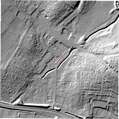 Shaded relief map of the ground around DE216PW, computed from Environment Agency LiDAR. The ground here sits at about 47 m above sea level and falls 21 m across the surrounding 800 m. Surface water reaching this point runs off ground lying to the north-west, 10.8 m higher.