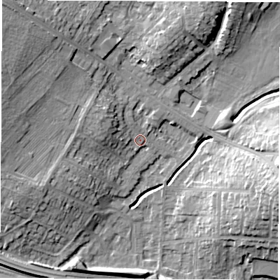 Shaded relief map of the ground around DE216QB, computed from Environment Agency LiDAR. The ground here sits at about 48 m above sea level and falls 18 m across the surrounding 800 m. Surface water reaching this point runs off ground lying to the west-north-west, 5.8 m higher.